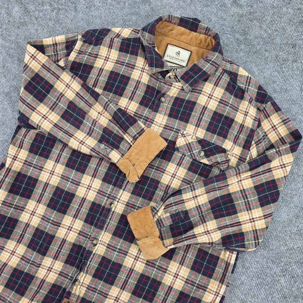 Legendary Whitetails Mens XL Buck Camp Flannel Shirt Plaid Corduroy Trim Navy